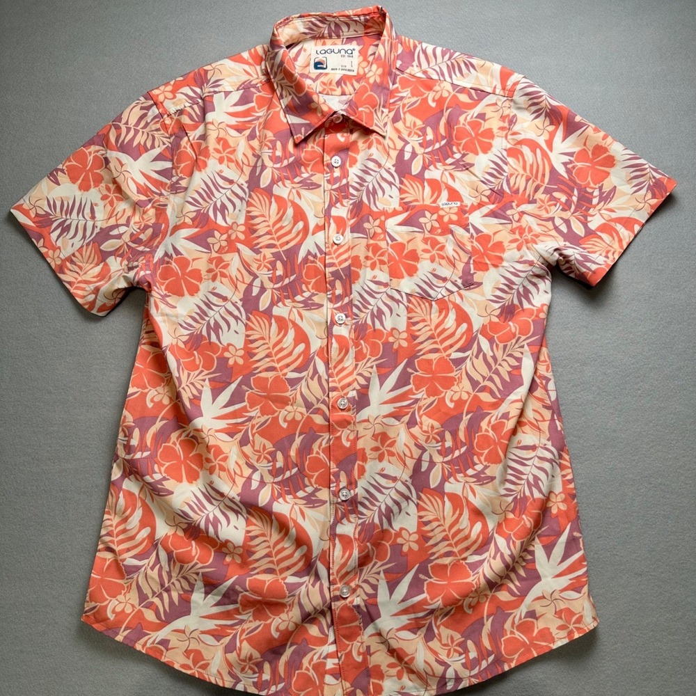 Laguna Button Down Shirt Mens Large Coral Tropical Floral Short Sleeve LSMT4939 - Picture 2 of 10